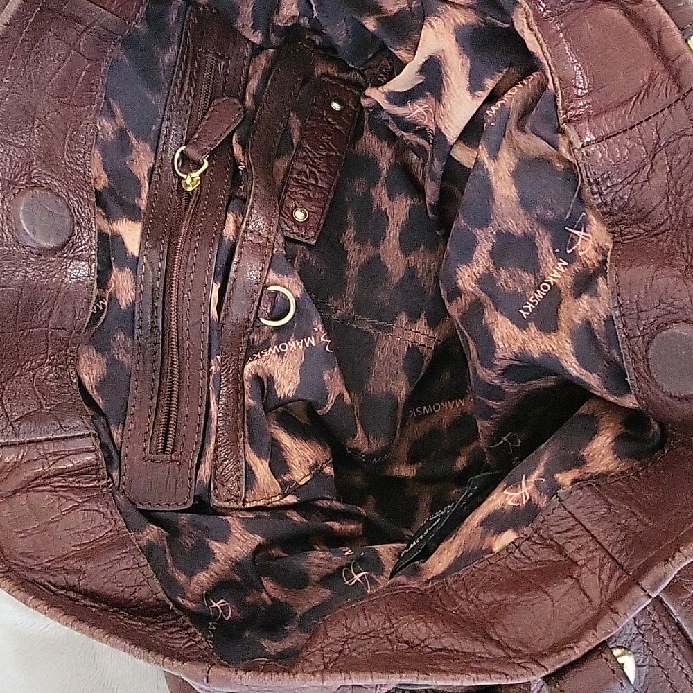 B. Makowsky Brown Mahogany Leather Belted Shoulder Satchel Bag - Picture 9 of 12